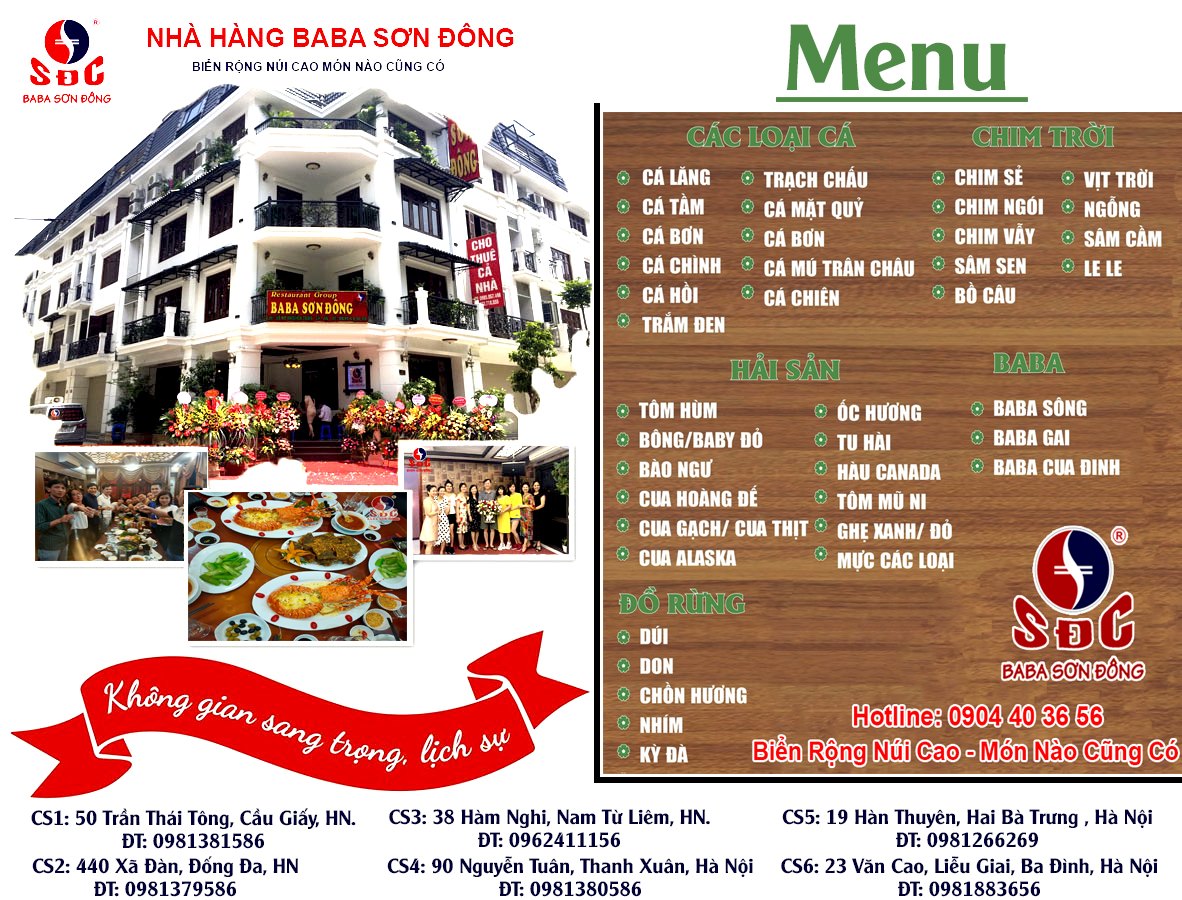 Nhà hàng Ba ba Sơn Đông Menu