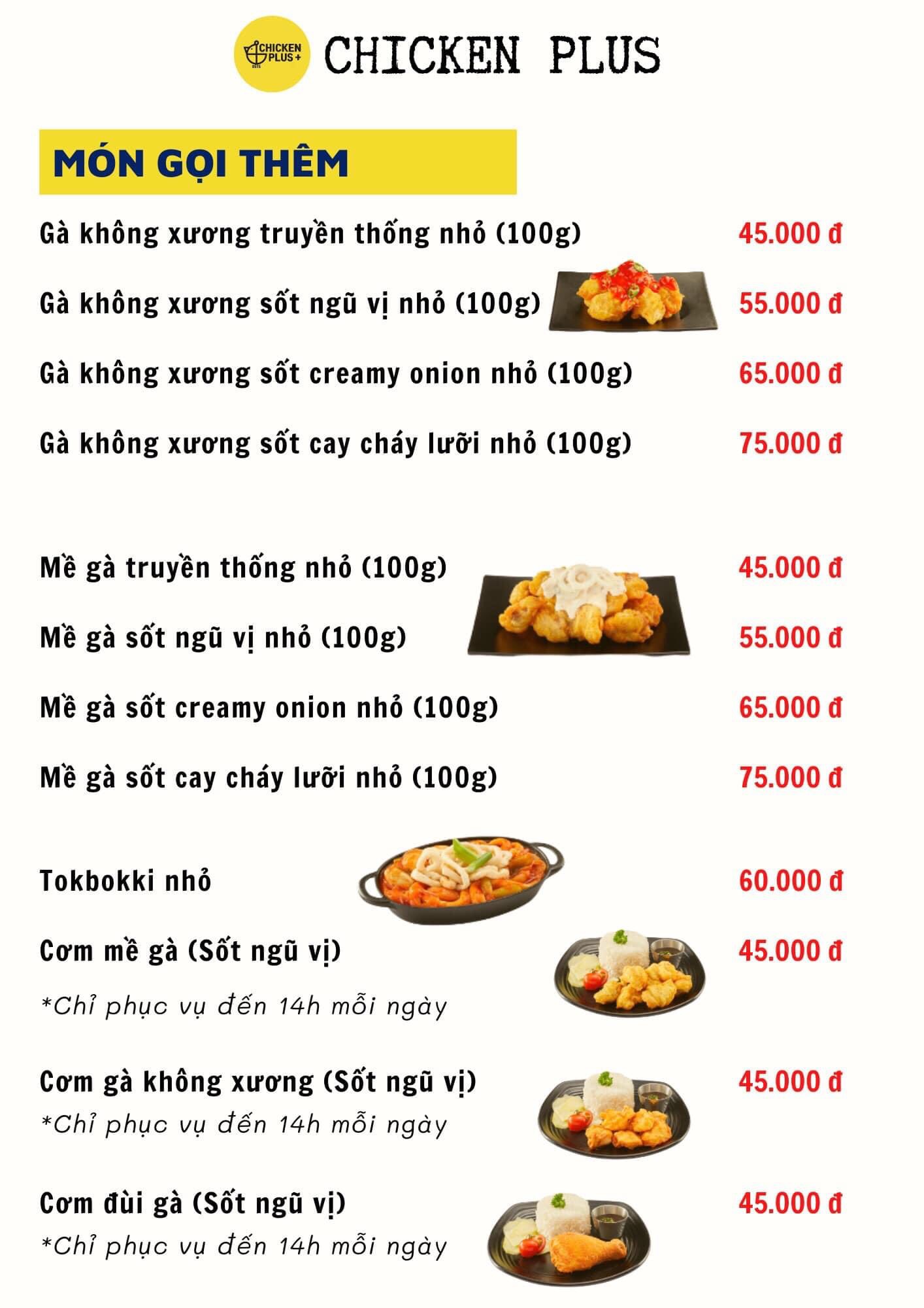 Chicken Plus menu/thực đơn/giá